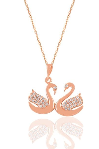 Gümüş rose zirkon taşlı çift kuğu kolye SGTL11032ROSE