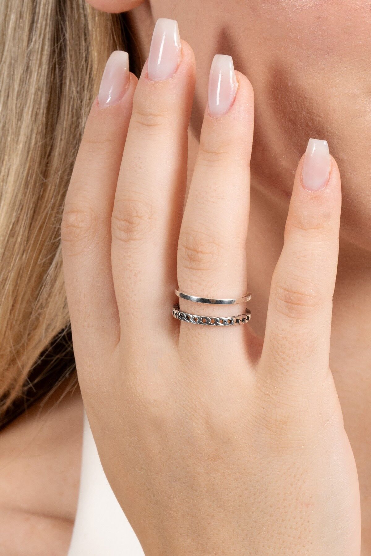 925 ayar gümüş yüzük oksitli çift görünümlü zincir modeli ayarlamalı yüzük SGTL13119SIYAH