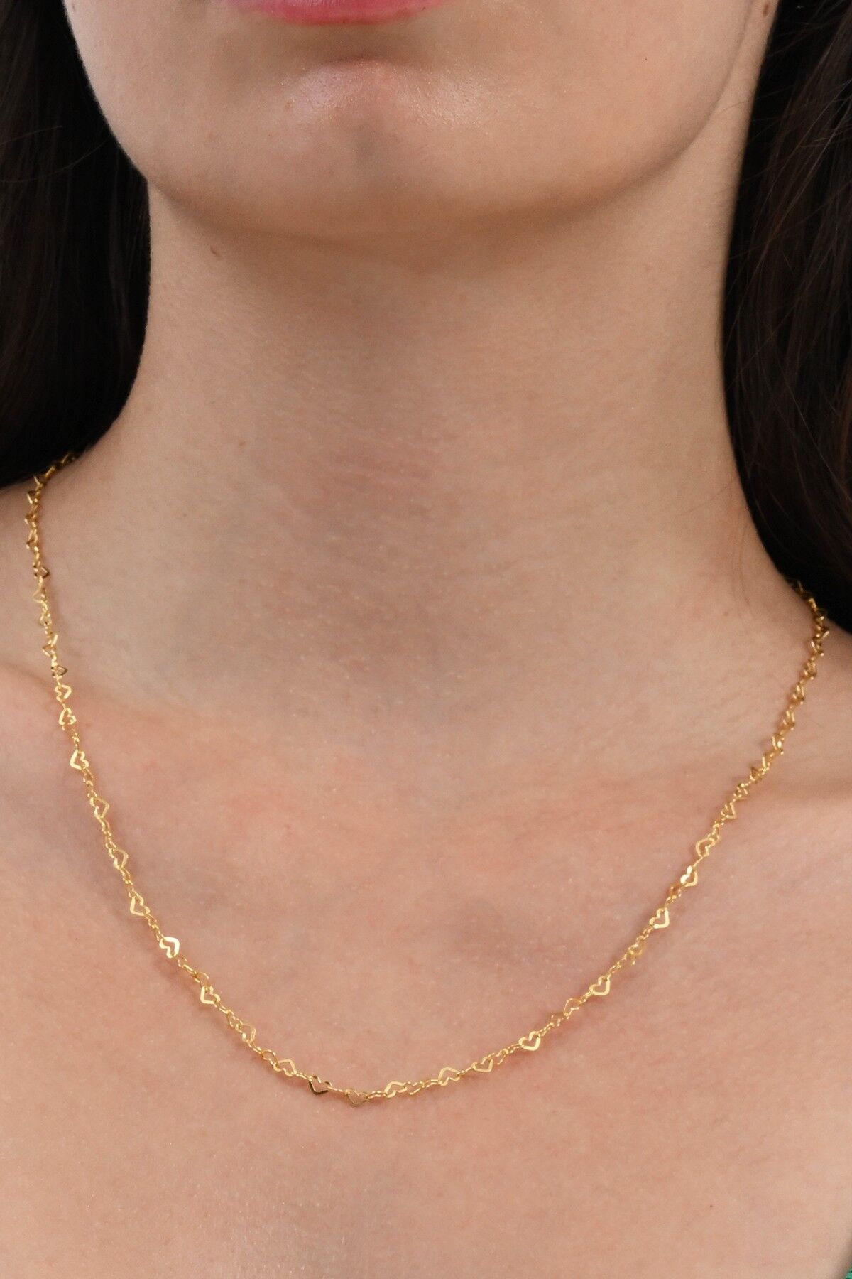 Gümüş altın yaldızlı tasarım birbirine bağlı kalpler zincir kolye SGTL12592GOLD