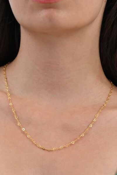 Gümüş altın yaldızlı tasarım birbirine bağlı kalpler zincir kolye SGTL12592GOLD