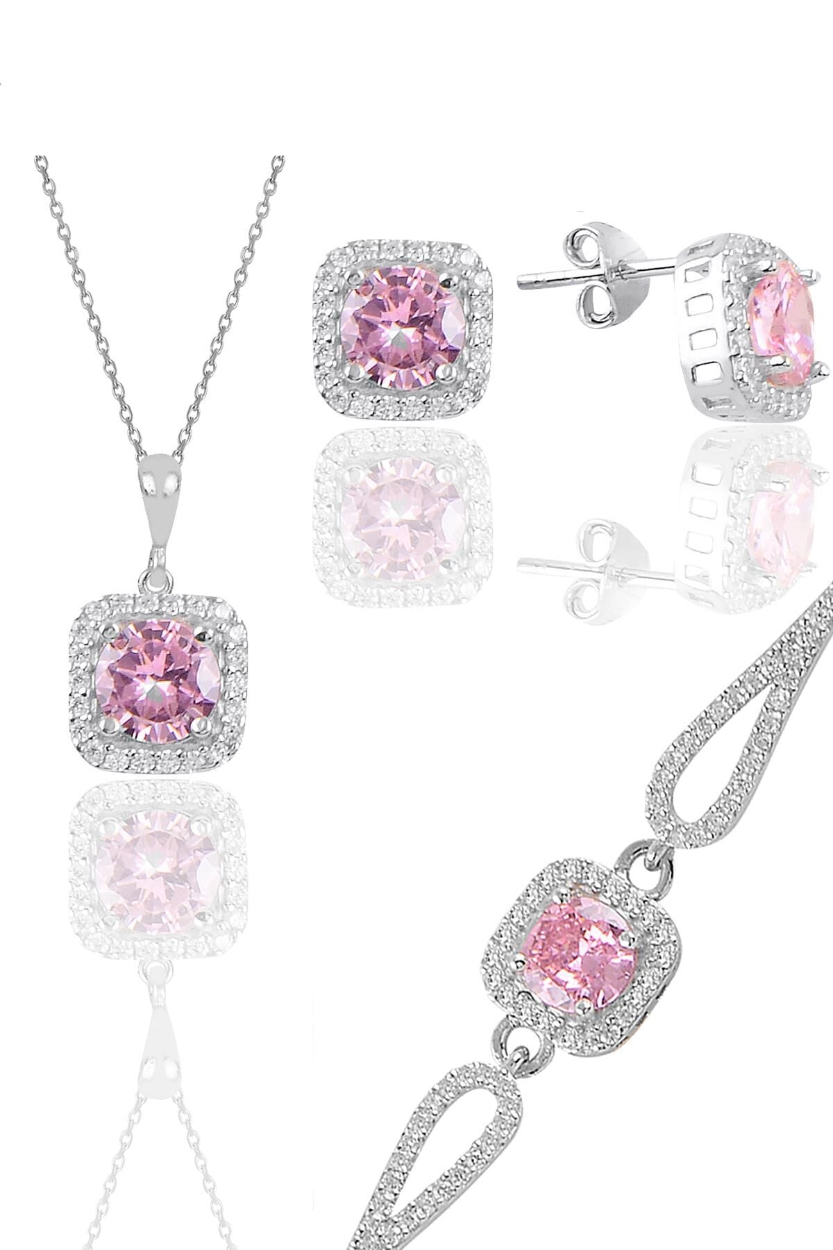 Gümüş rodyumlu pembe taşlı kare kolye küpe ve bileklikten oluşan üçlü set SGTL11578PEMBE