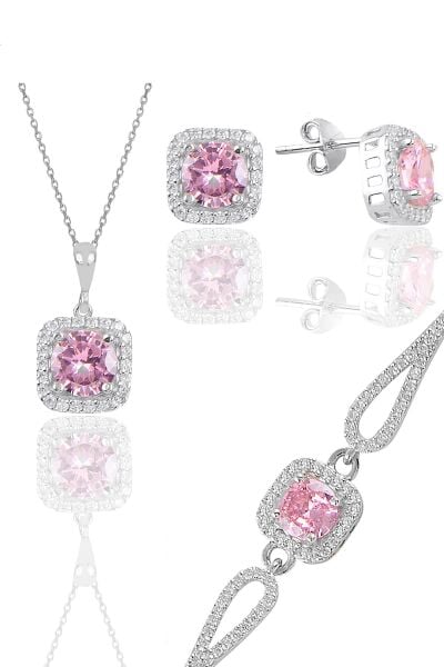 Gümüş rodyumlu pembe taşlı kare kolye küpe ve bileklikten oluşan üçlü set SGTL11578PEMBE
