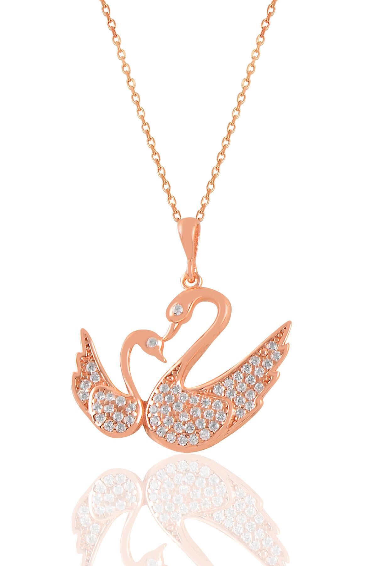 Gümüş rose zirkon taşlı anne yavru kuğu kolye SGTL11031ROSE