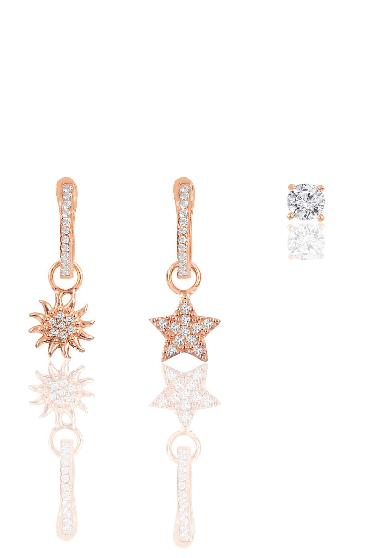 Gümüş rose zirkon taşlı yıldız, güneş ve tektaşlı kombin küpe SGTL12106ROSE