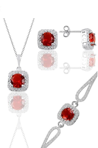 Gümüş rodyumlu kırmızı taşlı kare kolye küpe ve bileklikten oluşan üçlü set SGTL11578KIRMIZI