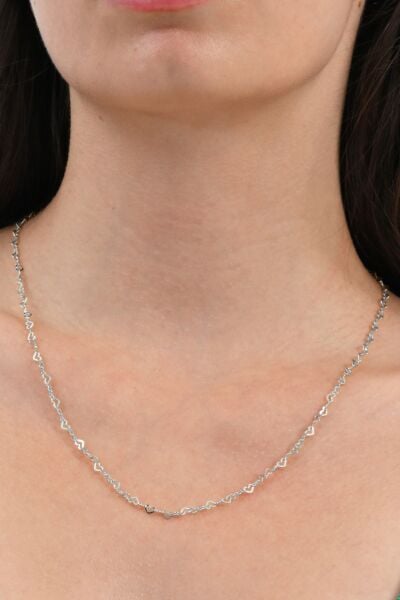 Gümüş rodyumlu tasarım birbirine bağlı kalpler zincir kolye SGTL12592RODAJ