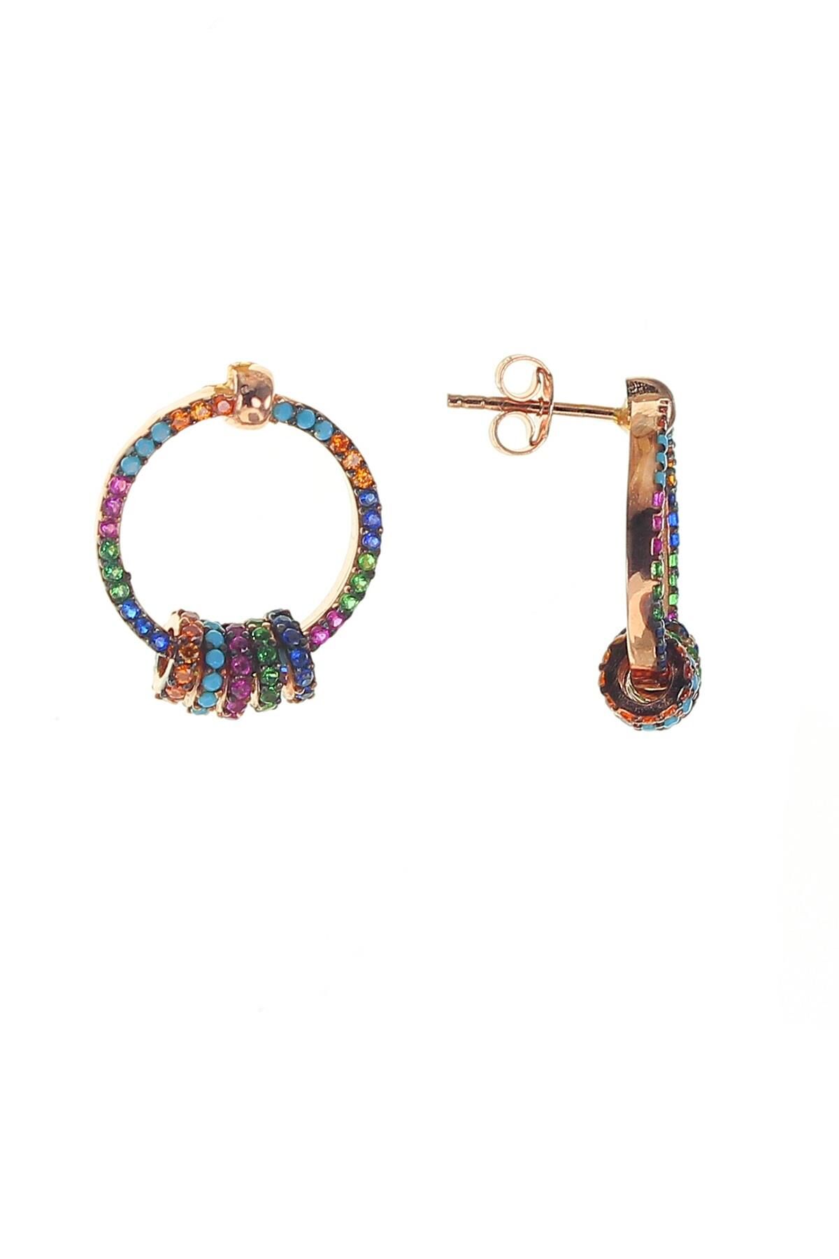 Gümüş rose renkli zirkon taşlı çivili ring küpe SGTL11501RENKLI