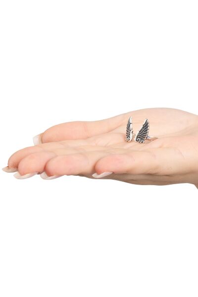 925 ayar gümüş yüzük üstten ayarlamalı melek kanadı oksitli yüzük SGTL13122SIYAH