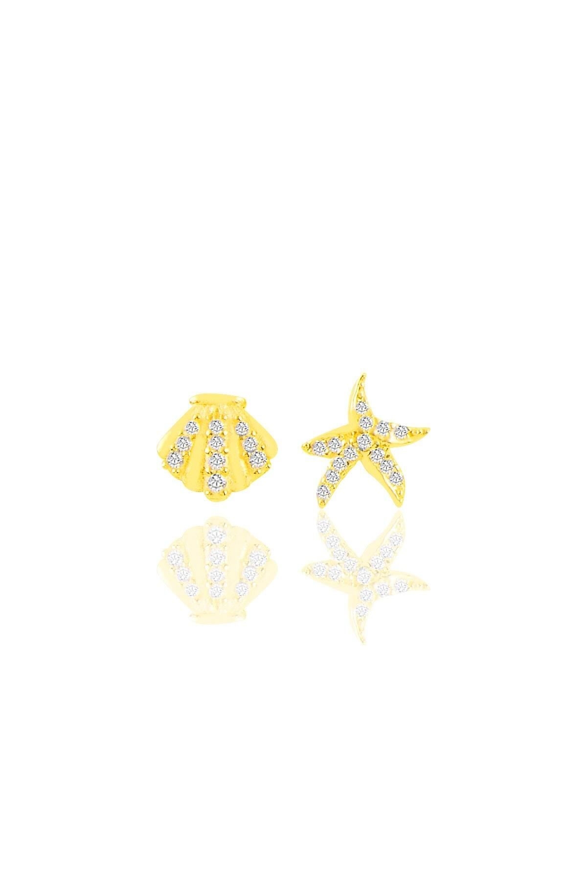 Gümüş altın yaldızlı zirkon taşlı deniz yıldızı ve midye modeli kombin küpe SGTL11356GOLD