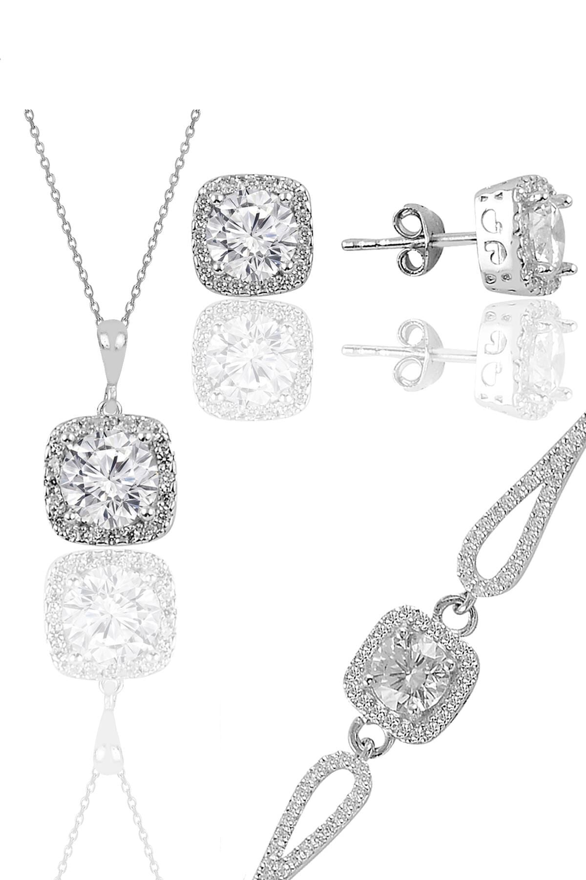 Gümüş rodyumlu zirkon taşlı kare kolye küpe ve bileklikten oluşan üçlü set SGTL11578BEYAZ