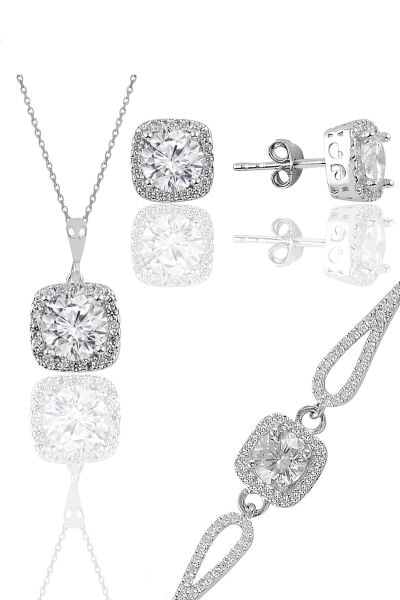 Gümüş rodyumlu zirkon taşlı kare kolye küpe ve bileklikten oluşan üçlü set SGTL11578BEYAZ