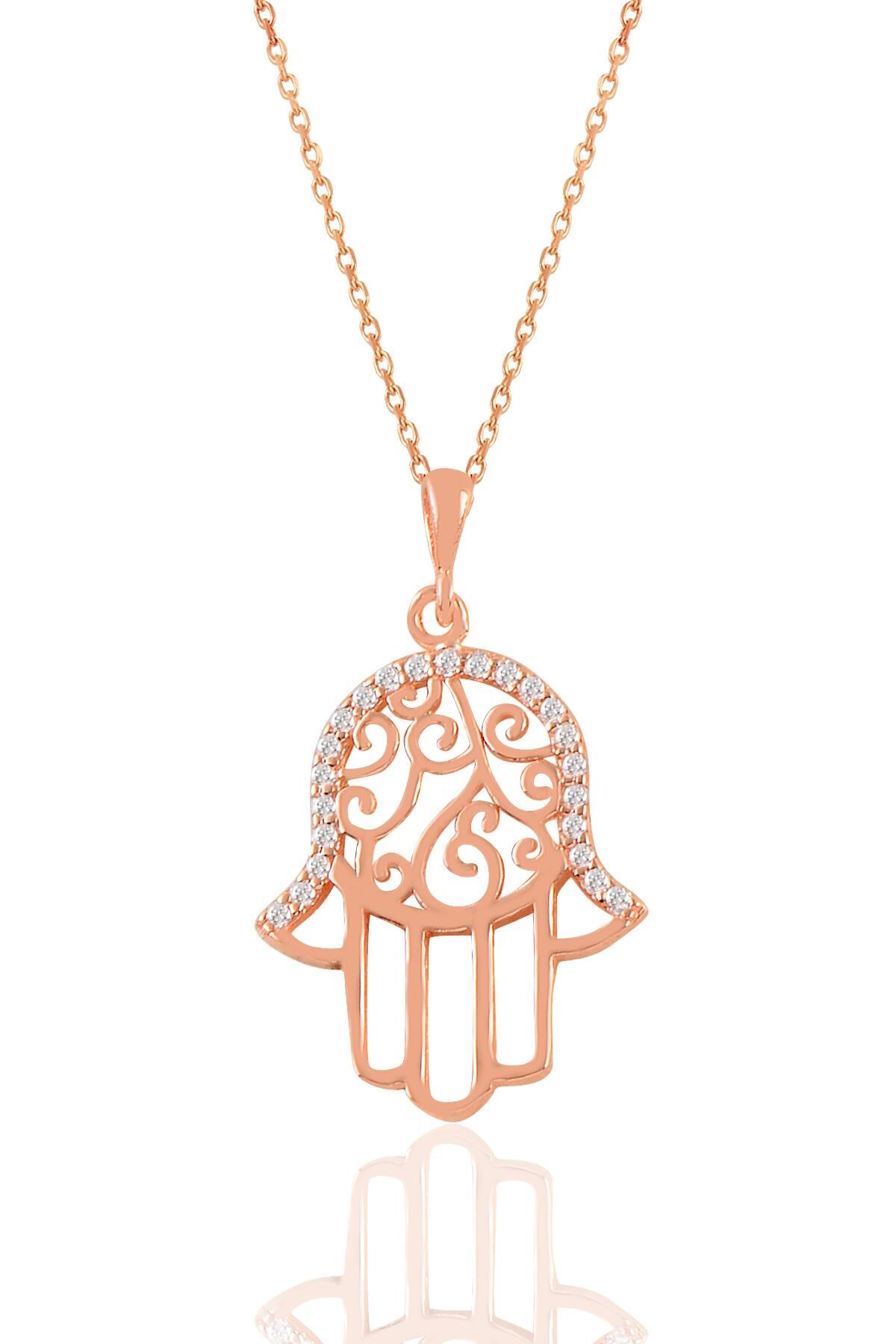 Gümüş rose zirkon taşlı işlemeli  fatma ana eli kolye  SGTL11029ROSE