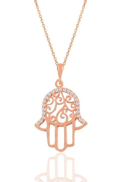 Gümüş rose zirkon taşlı işlemeli  fatma ana eli kolye  SGTL11029ROSE