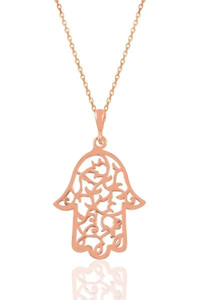 Gümüş rose işlemeli fatma ana eli kolye  SGTL11028ROSE