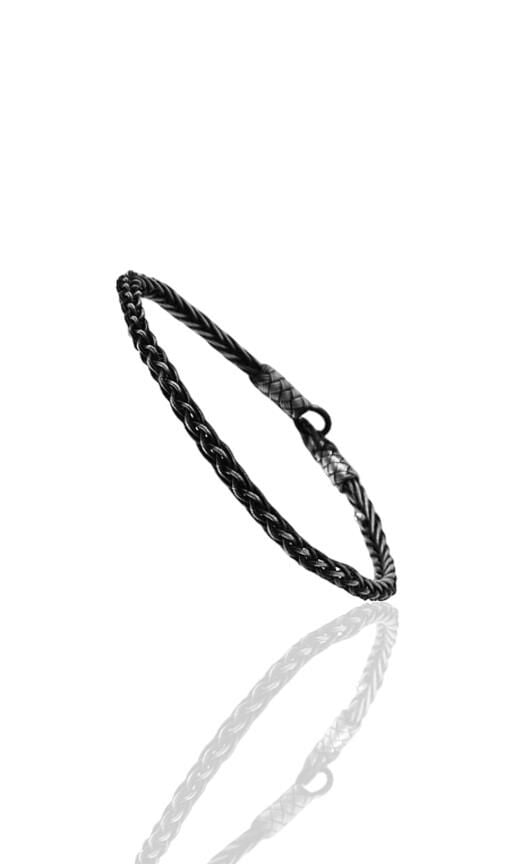 Gümüş tamamen el işçiliği kazaziye işlemeli örgülü erkek bileklik SGTL12593SIYAH