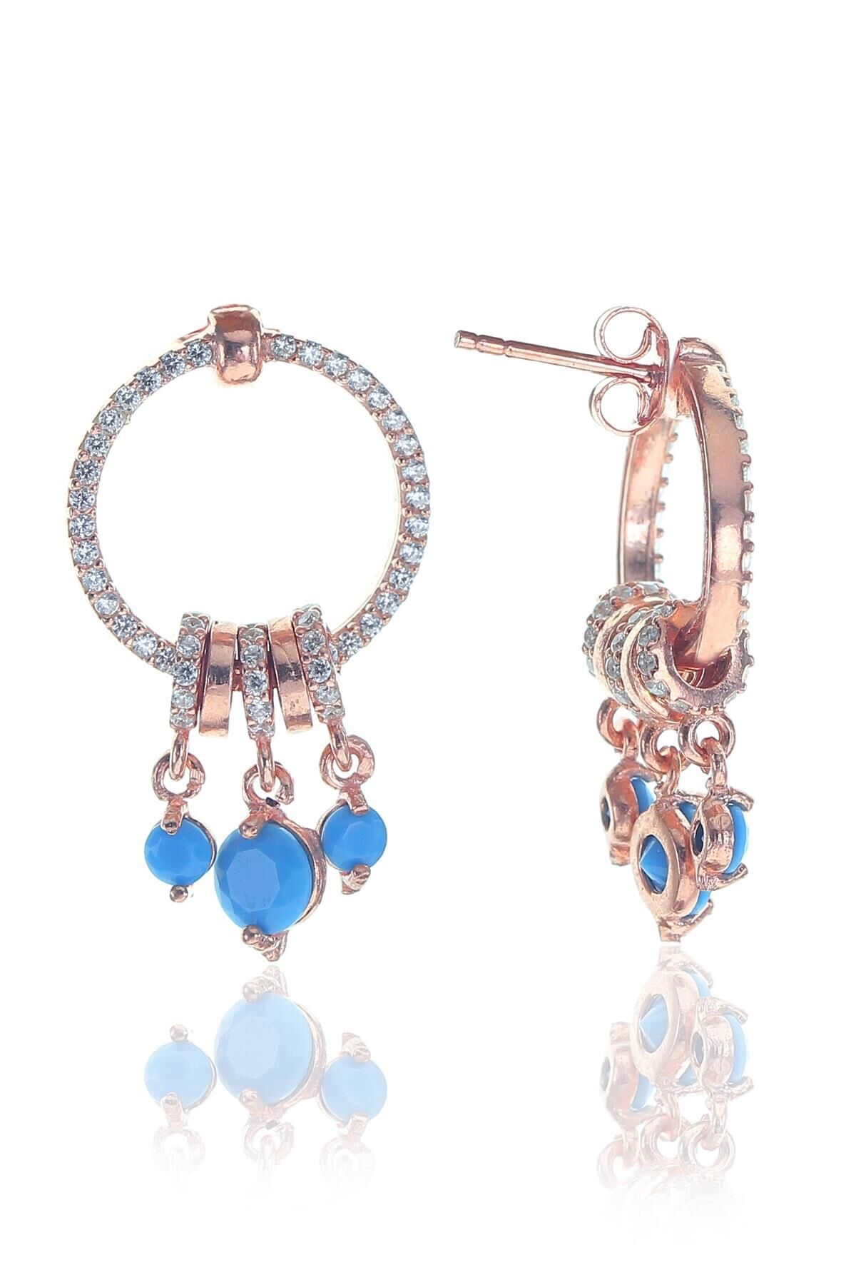 Gümüş rose turkuaz taşlı sallantılı ring küpe SGTL11500MAVI