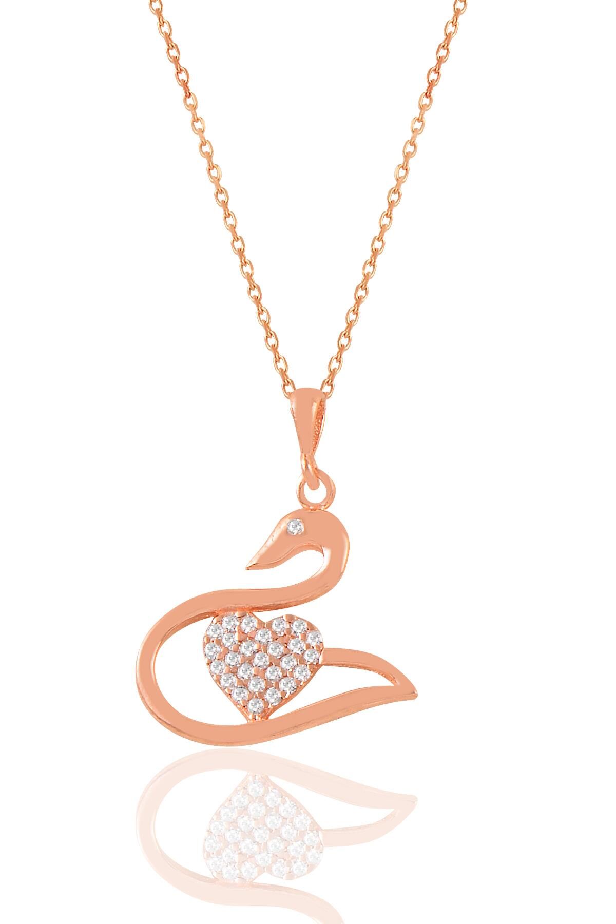 Gümüş rose zirkon taşlı kalpli kuğu kolye SGTL11027ROSE