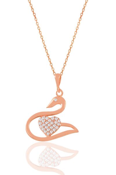 Gümüş rose zirkon taşlı kalpli kuğu kolye SGTL11027ROSE