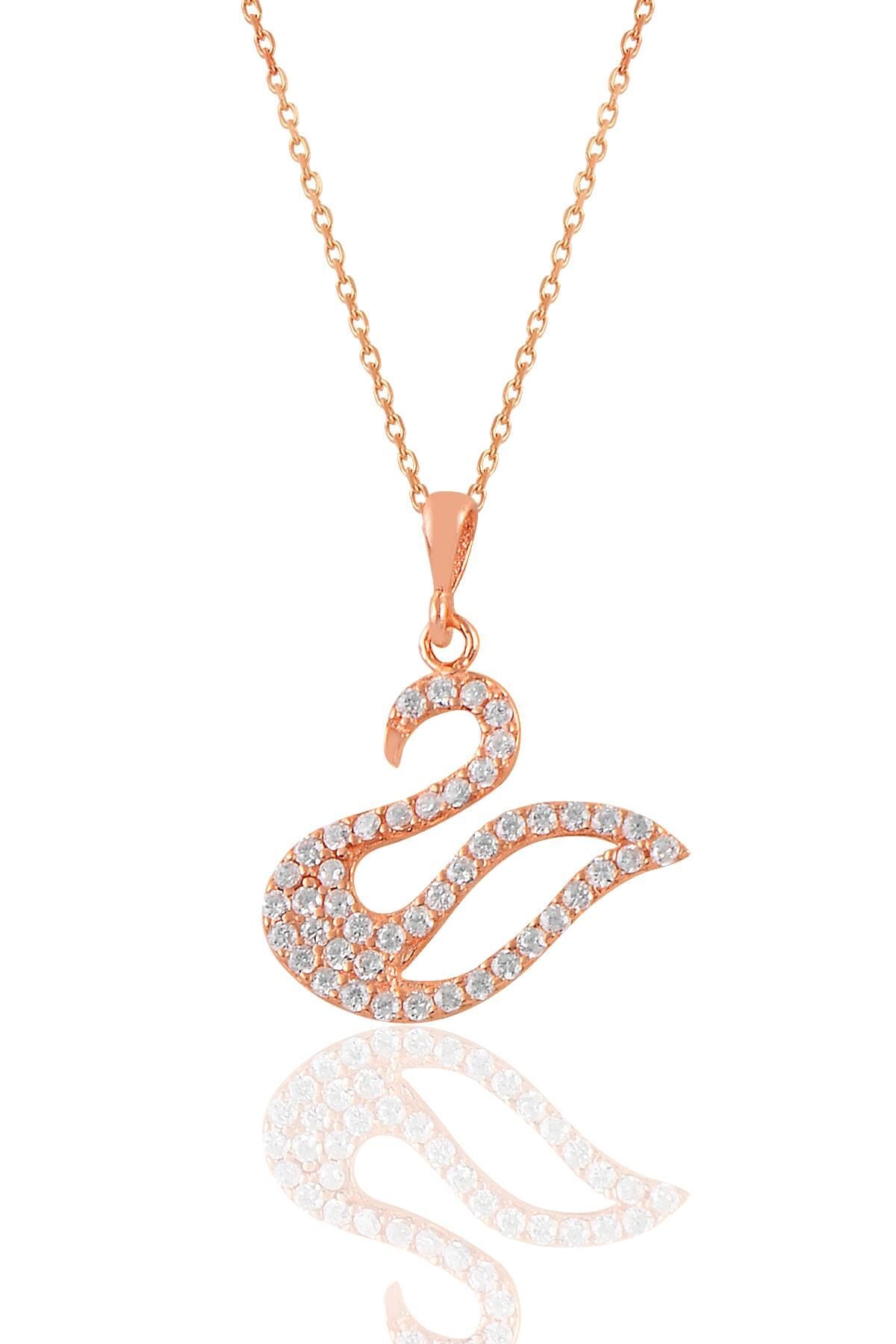 Gümüş rose zirkon taşlı kuğu kolye SGTL11026ROSE