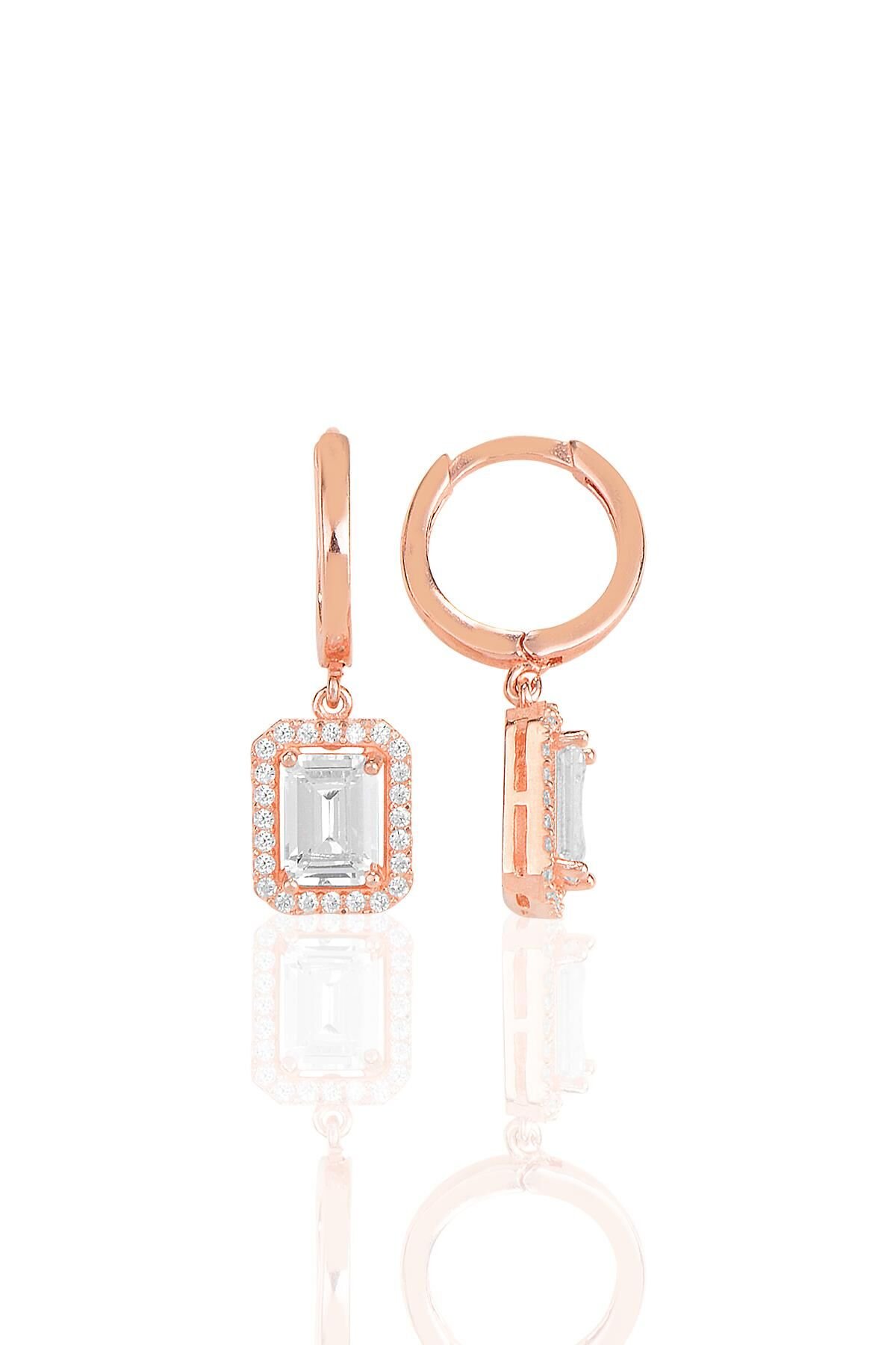 Gümüş rose pırlanta montür çizgili baget taşlı sallantılı küpe SGTL11499ROSE