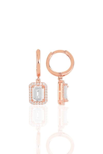Gümüş rose pırlanta montür çizgili baget taşlı sallantılı küpe SGTL11499ROSE