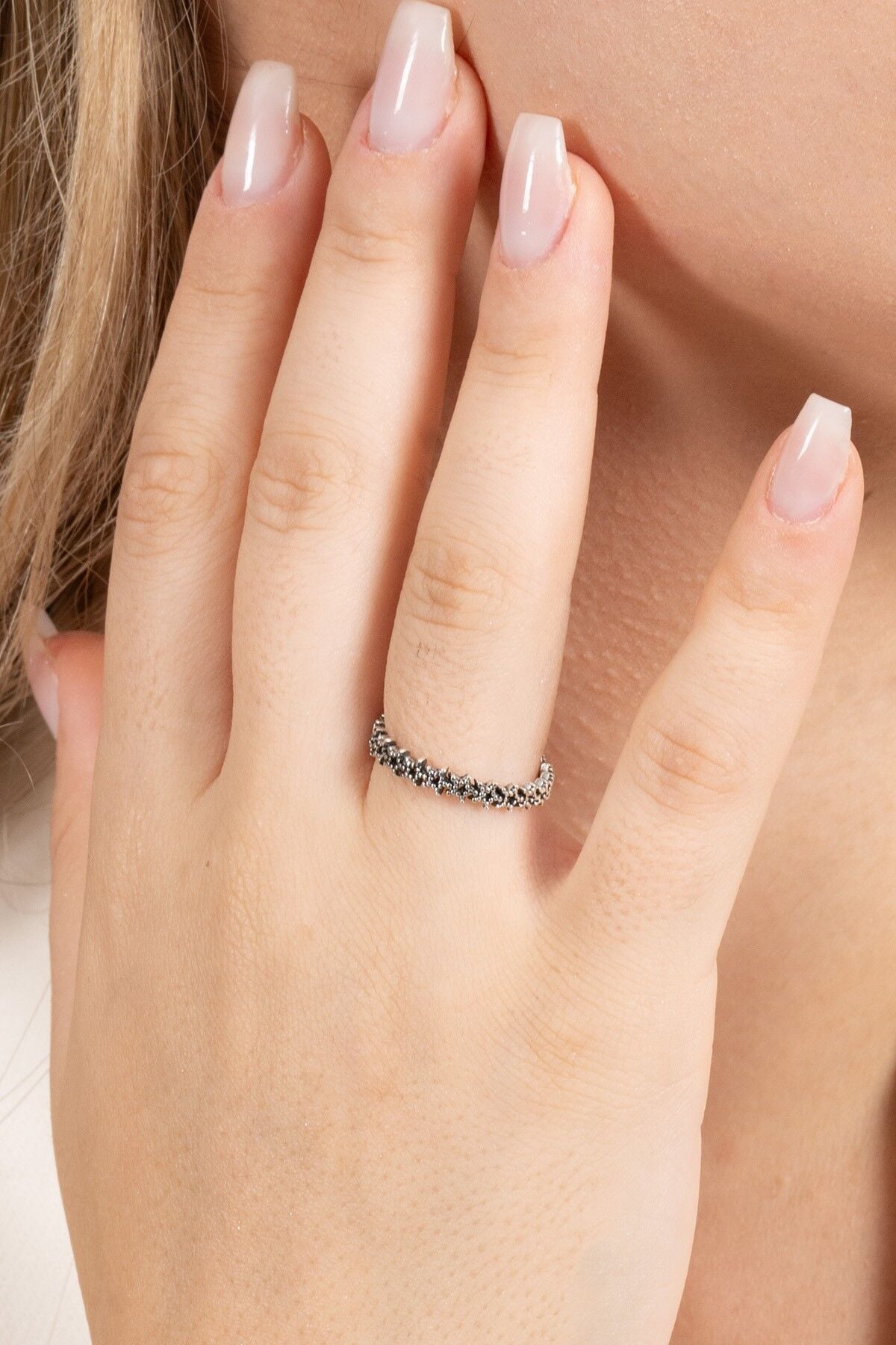 925 ayar gümüş yüzük oksitli birleşik yıldız silsilesi ayarlamalı yüzük SGTL13123SIYAH