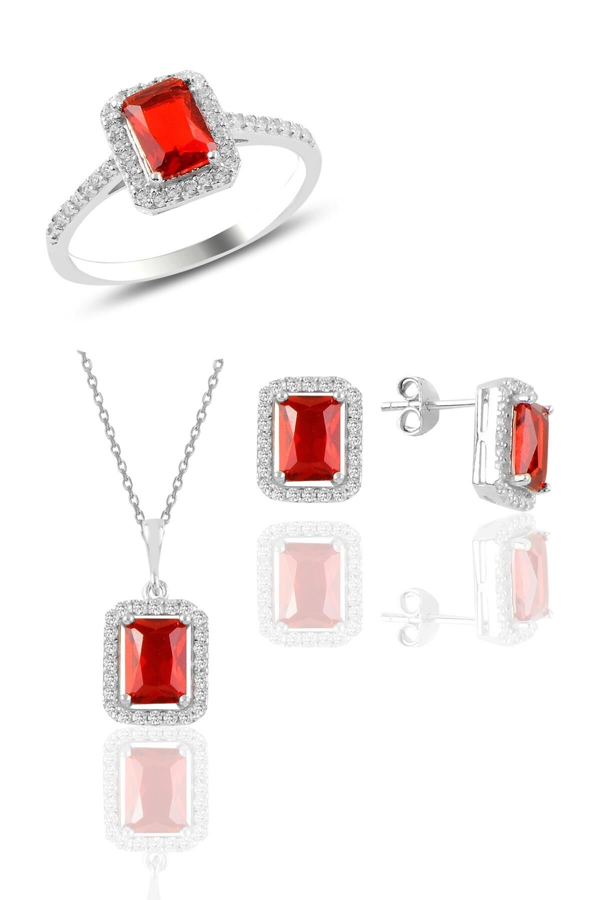 Gümüş rodyumlu kırmızı taşlı baget üçlü set SGTL10733KIRMIZI