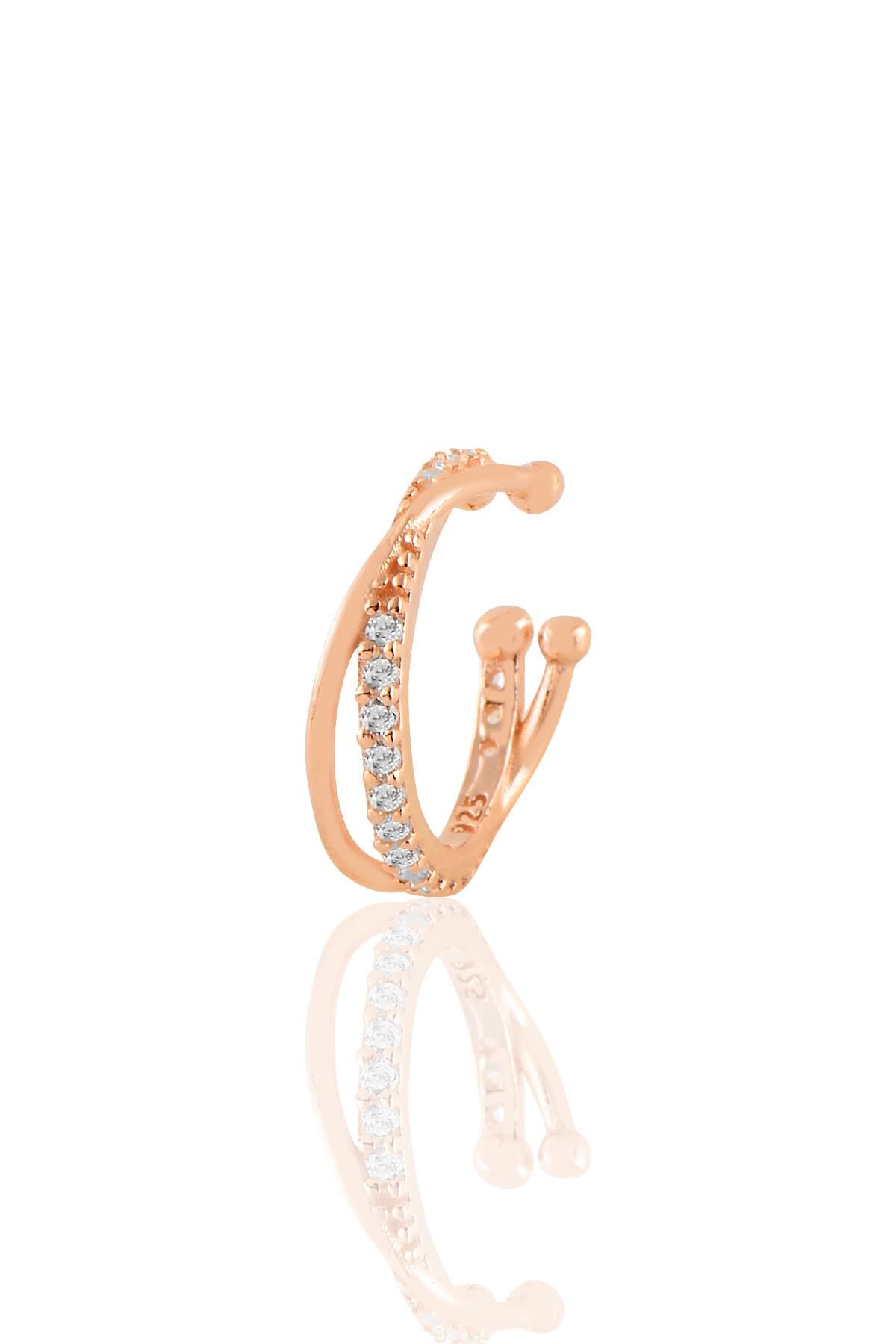 Gümüş rose zirkon taşlı iki sıra görünümlü  sıkıştırmalı tekli  kıkırdak küpe SGTL11234ROSE