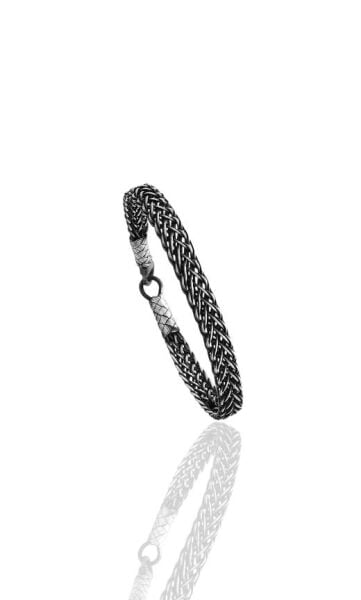 Gümüş tamamen el işçiliği kazaziye işlemeli örgülü erkek bileklik SGTL12599SIYAH