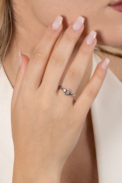 925 ayar gümüş yüzük oksitli ay ve zincir ayarlamalı yüzük SGTL13124SIYAH