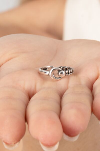 925 ayar gümüş yüzük oksitli ay ve zincir ayarlamalı yüzük SGTL13124SIYAH