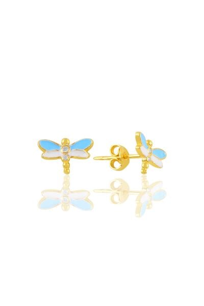 Gümüş altın yaldızlı mavi  mineli zirkon taşlı yusufçuk küpe SGTL11353GOLD