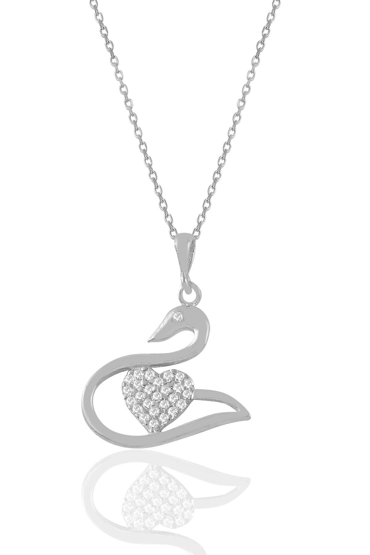 Gümüş rodyumlu zirkon taşlı kalpli kuğu kolye SGTL11027RODAJ