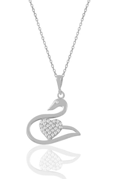 Gümüş rodyumlu zirkon taşlı kalpli kuğu kolye SGTL11027RODAJ