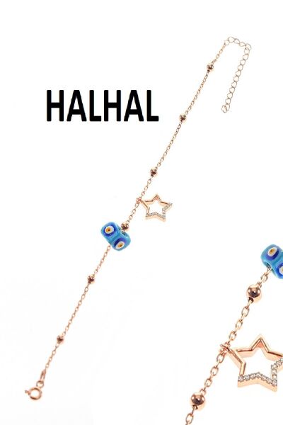 Gümüş yıldız ve toplu mineli turkuaz taşlı zincir halhal SGTL8850halhalmineli