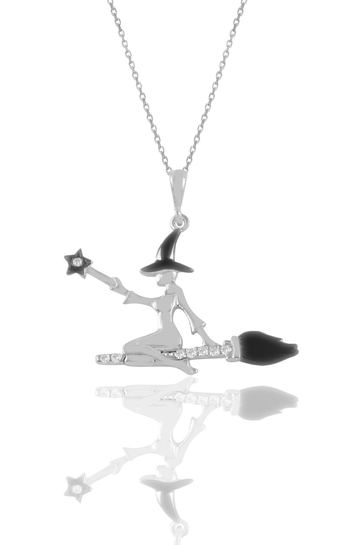 Gümüş zirkon taşlı süpürgeli cadı modeli  kolye  SGTL11209RODAJ