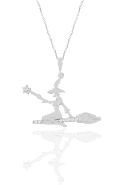 Gümüş zirkon taşlı süpürgeli cadı modeli  kolye  SGTL11209RODAJ