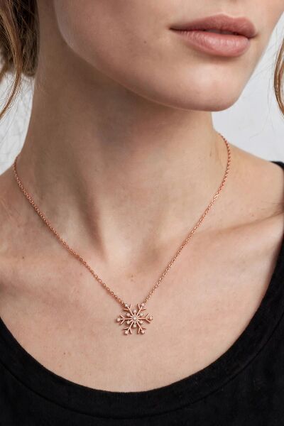 925 Ayar Gümüş Kolye Rose Gold Işıltılı Zirkon Taşlı Kar Tanesi Kadın Kolye SGTL13546ROSE