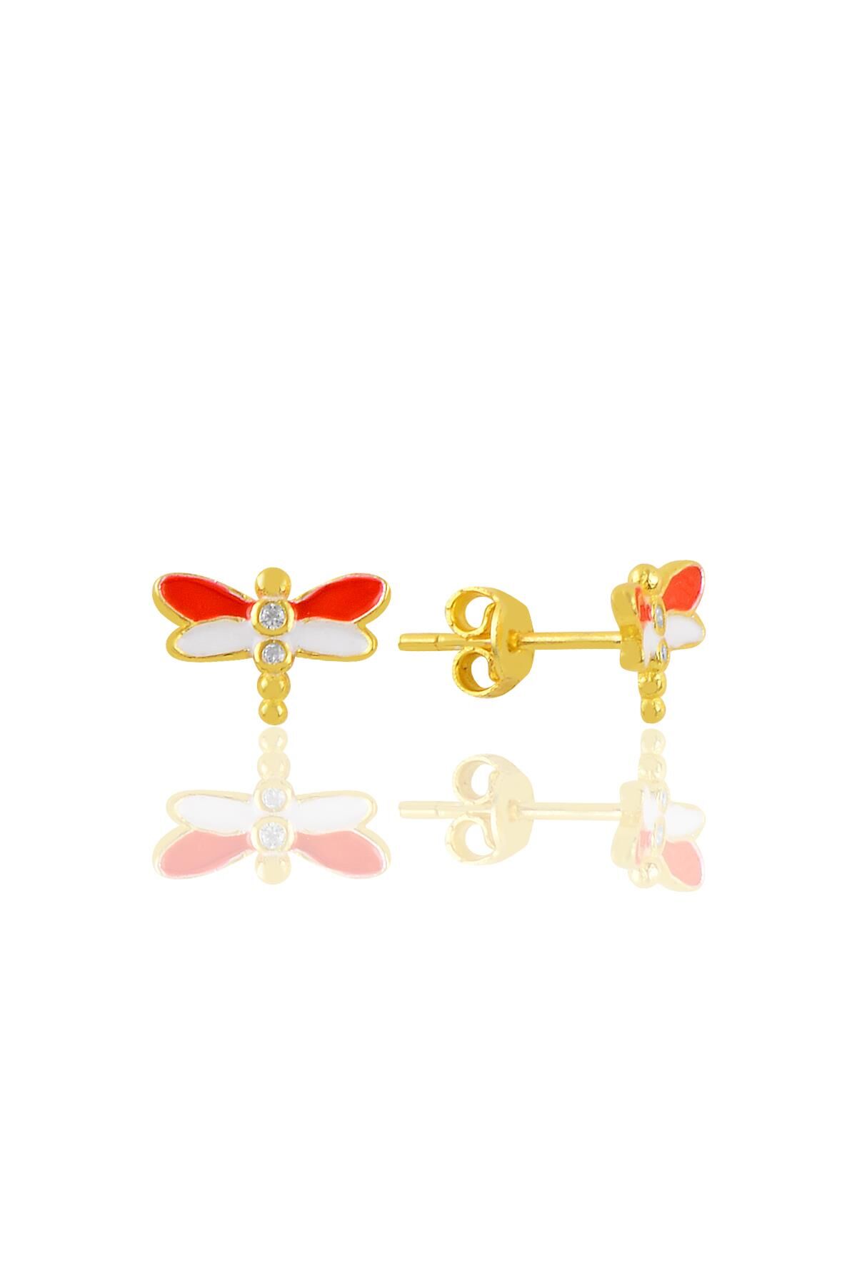 Gümüş altın yaldızlı kırmızı  mineli zirkon taşlı yusufçuk küpe SGTL11352GOLD