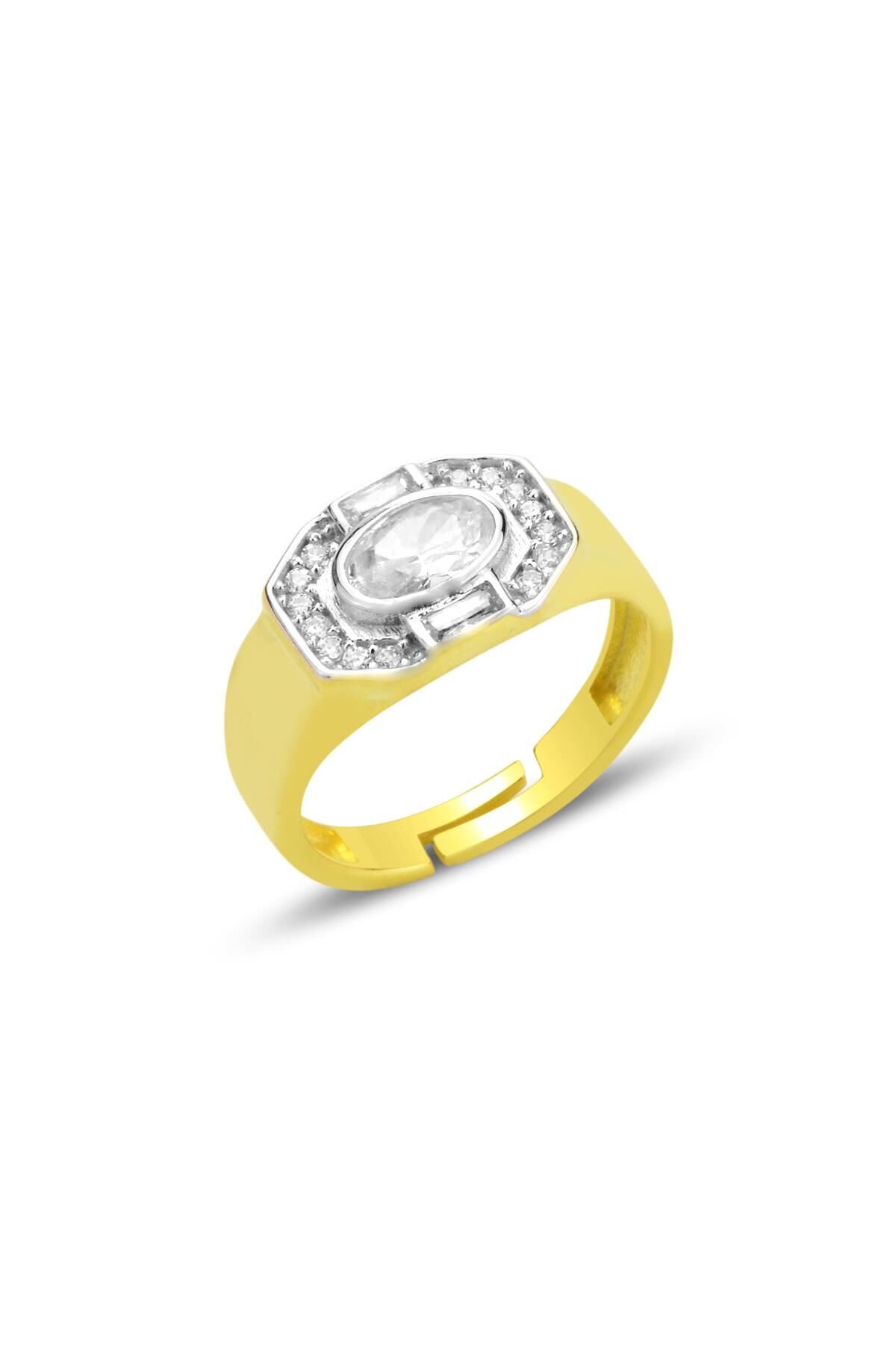 Gümüş altın yaldızlı oval kesim zirkon taşlı özel tasarım ayarlamalı yüzük SGTL12695GOLD