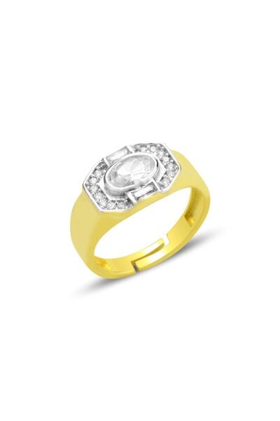 Gümüş altın yaldızlı oval kesim zirkon taşlı özel tasarım ayarlamalı yüzük SGTL12695GOLD