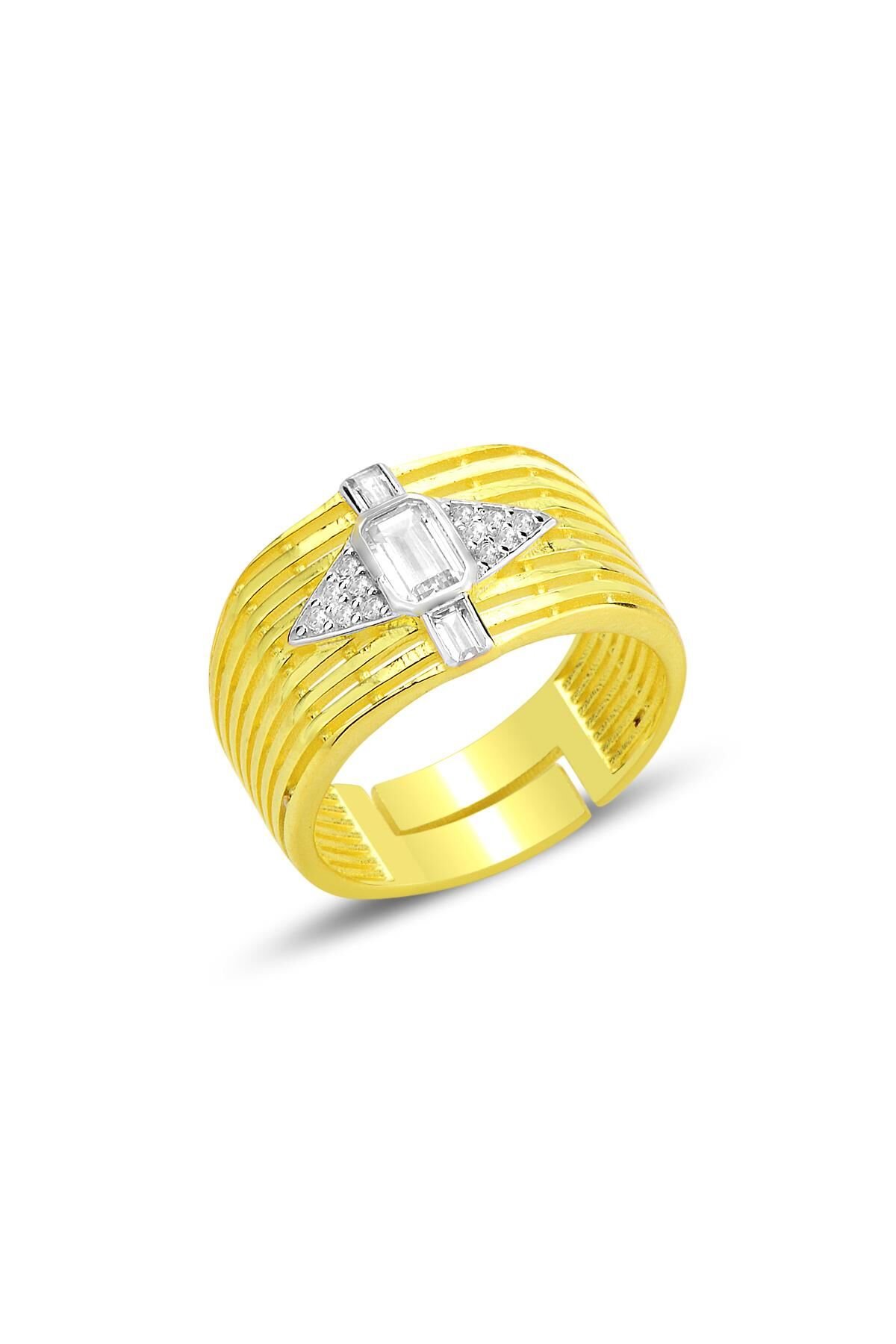 Gümüş altın yaldızlı baget kesim zirkon taşlı ayarlamalı  yüzük SGTL12697GOLD