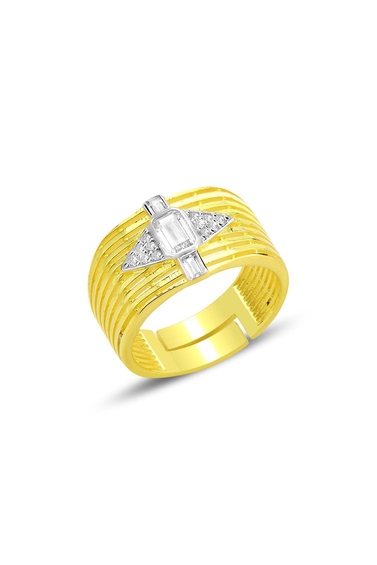 Gümüş altın yaldızlı baget kesim zirkon taşlı ayarlamalı  yüzük SGTL12697GOLD