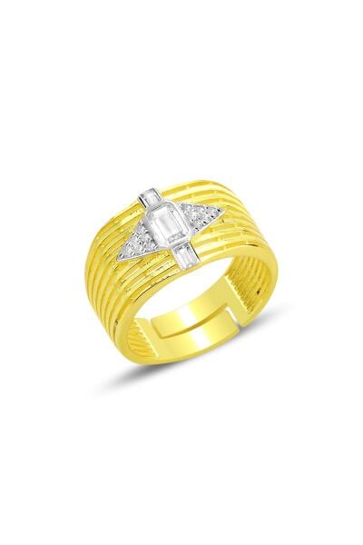 Gümüş altın yaldızlı baget kesim zirkon taşlı ayarlamalı  yüzük SGTL12697GOLD