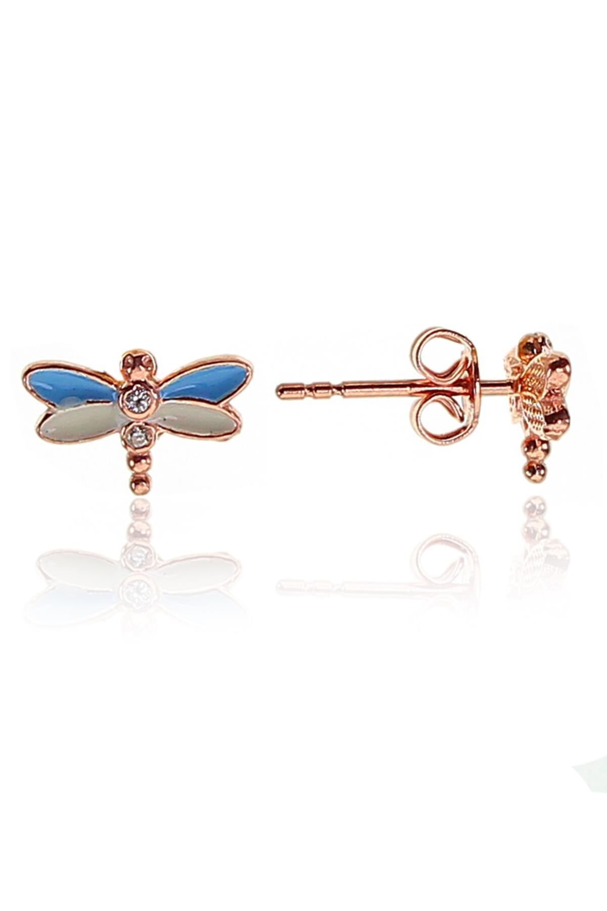 Gümüş rose mavi mineli zirkon taşlı yusufçuk küpe SGTL11353ROSE