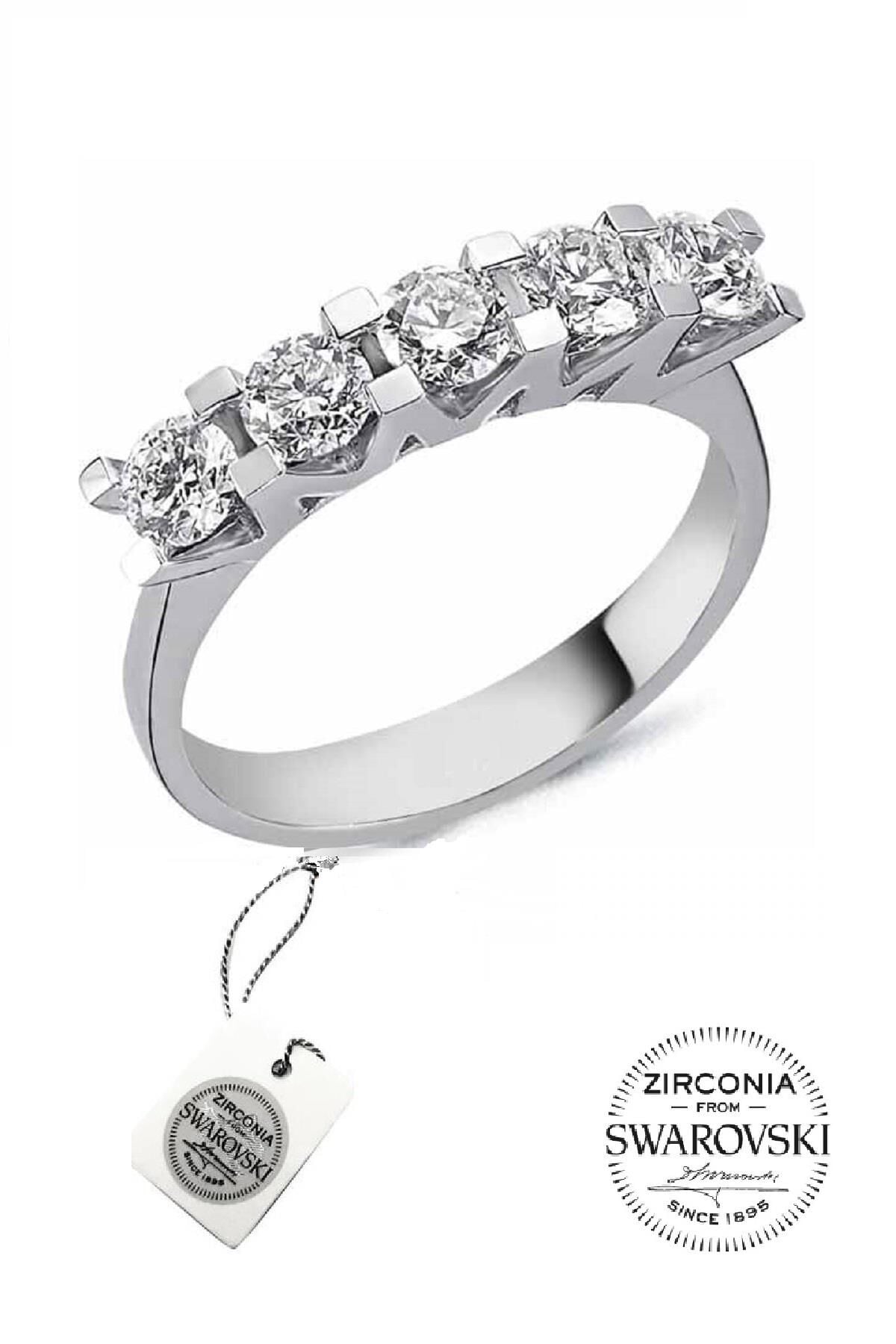 Gümüş Swarovski beş taşlı V modeli yüzük SGTL20512