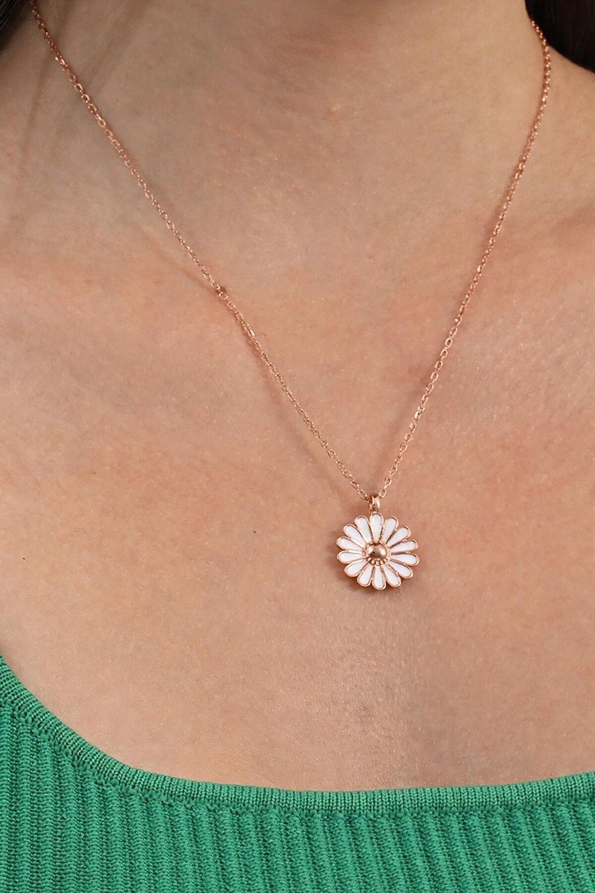 925 Ayar Gümüş Kolye Rose Gold Sevgi Simgesi Mineli Papatya Kadın Kolye SGTL13548ROSE