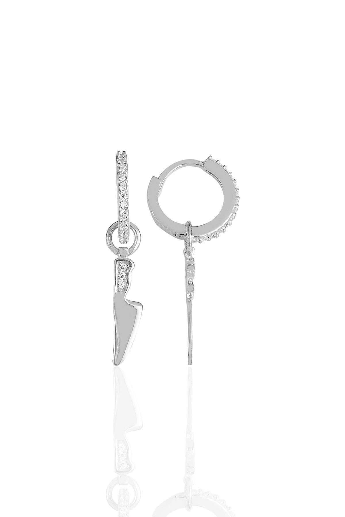 Gümüş rodyumlu zirkon taşlı özel tasarım bıçak küpe SGTL11496RODAJ