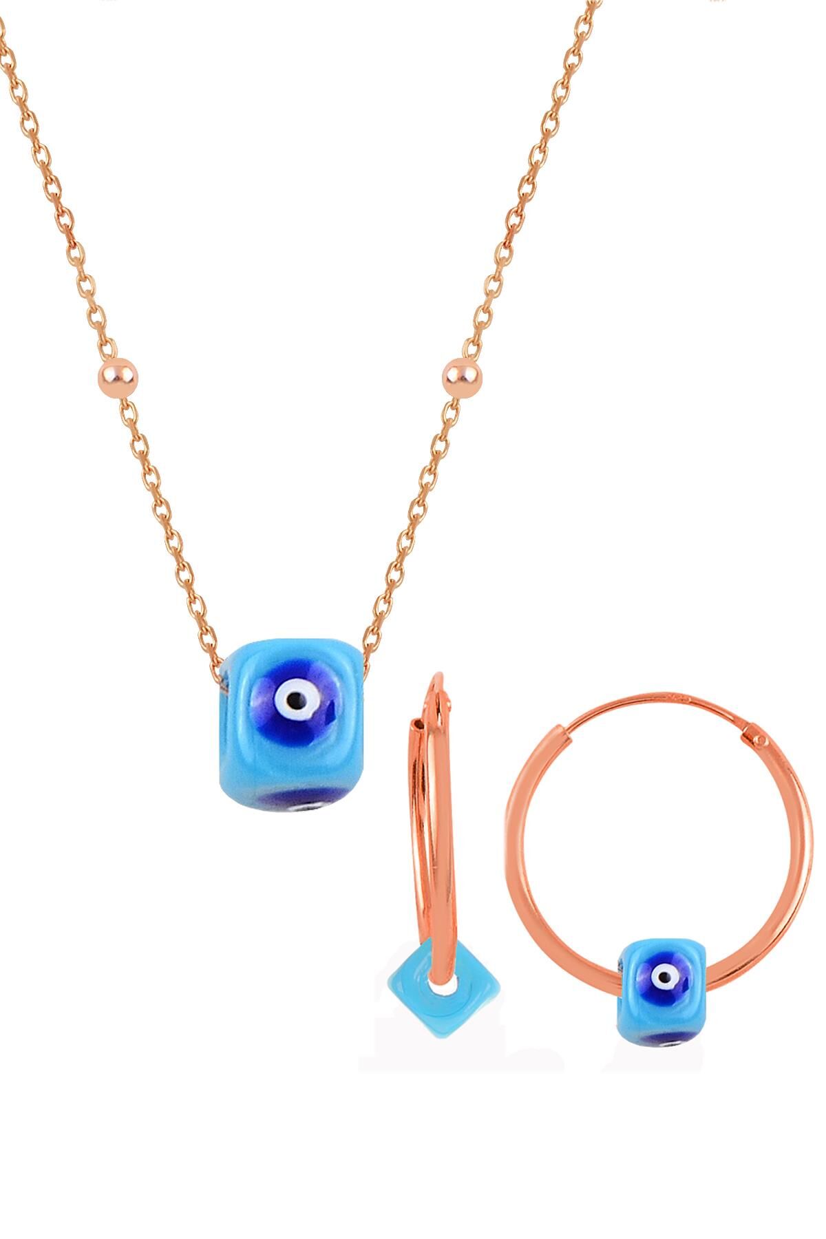 Gümüş rose top top zincirli turkuaz taşlı kolye ve küpe seti SGTL11298ROSE