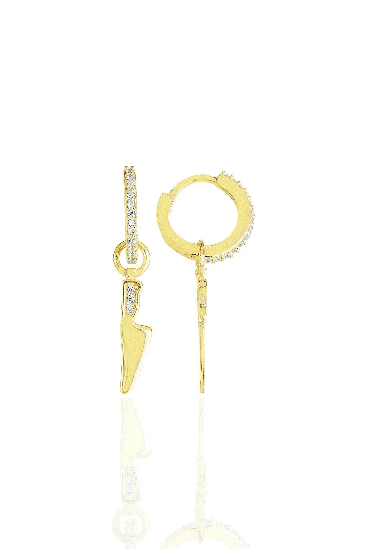 Gümüş altın yaldızlı zirkon taşlı özel tasarım bıçak küpe SGTL11496GOLD